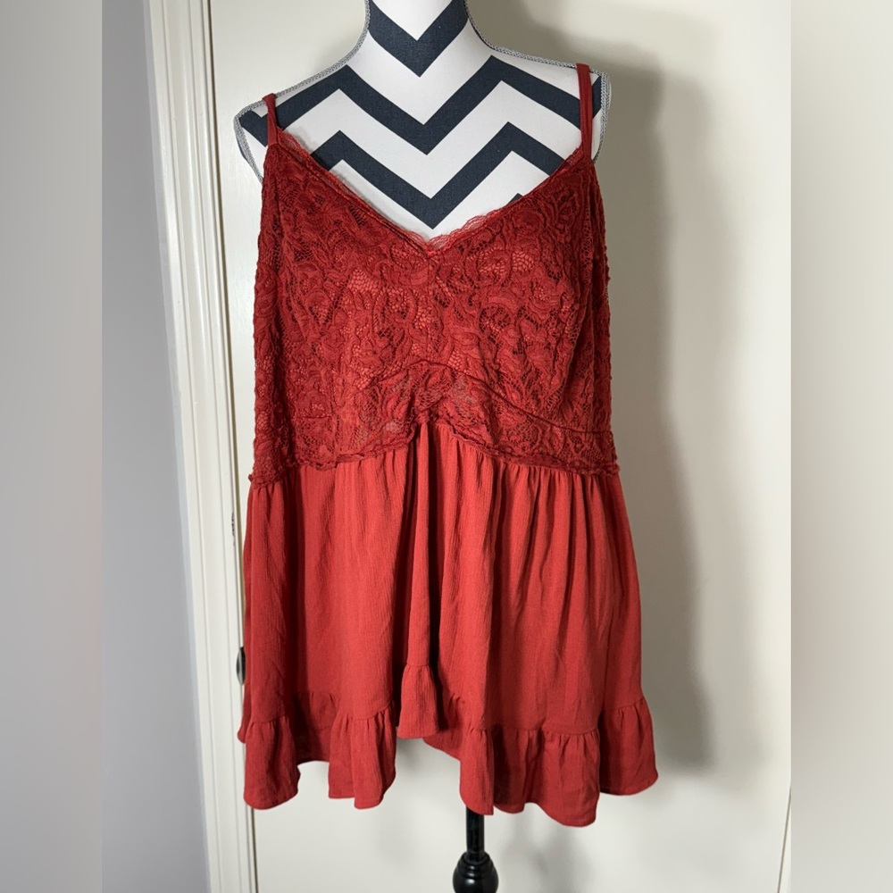 Torrid Burnt Orange Babydoll Crinkle Gauze‎ and Lace Top Plus Size 5X